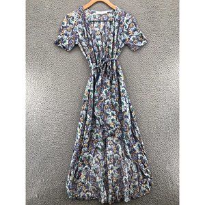 ASTR Dress Women Extra Small Blue Floral True Wrap High Low Short Sleeve Crinkle